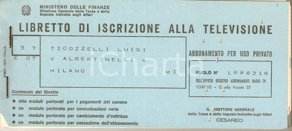 Materiale pubblicitario d’epoca 1960 ca MILANO Libretto iscrizione alla Televisione URAR 1