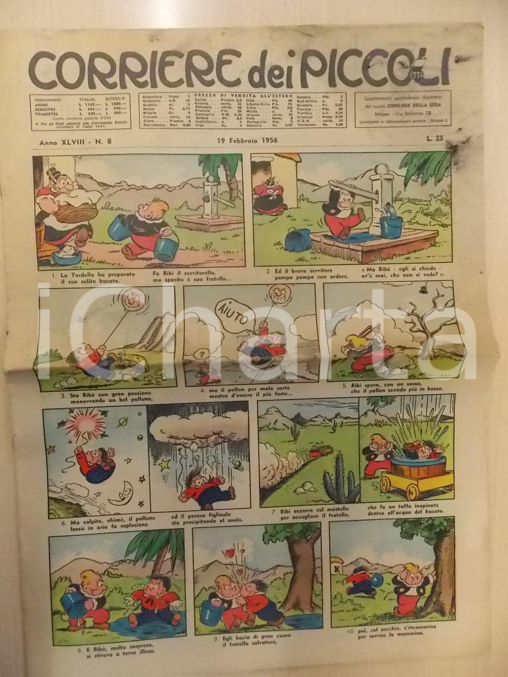 Giornale, rivista storica 1956 CORRIERE DEI PICCOLI 8  YOMO Avventure di YOMINO BibÃ¬ e BibÃ² Rivista 1