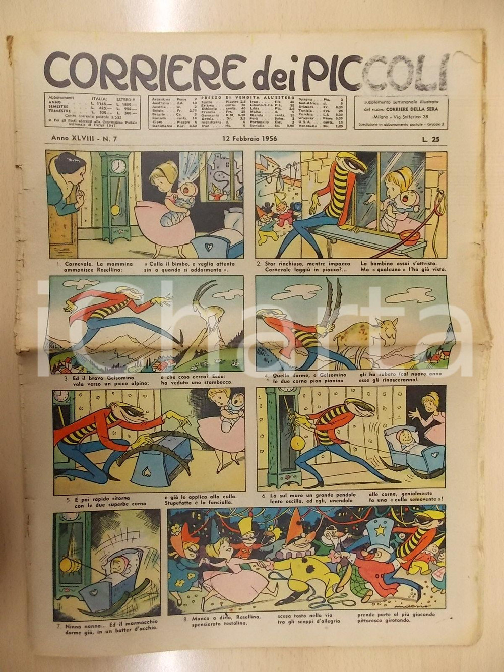 Giornale, rivista storica 1956 CORRIERE DEI PICCOLI 7 Gelsomino di Grazia NIDASIO Maschere Carnevale 1