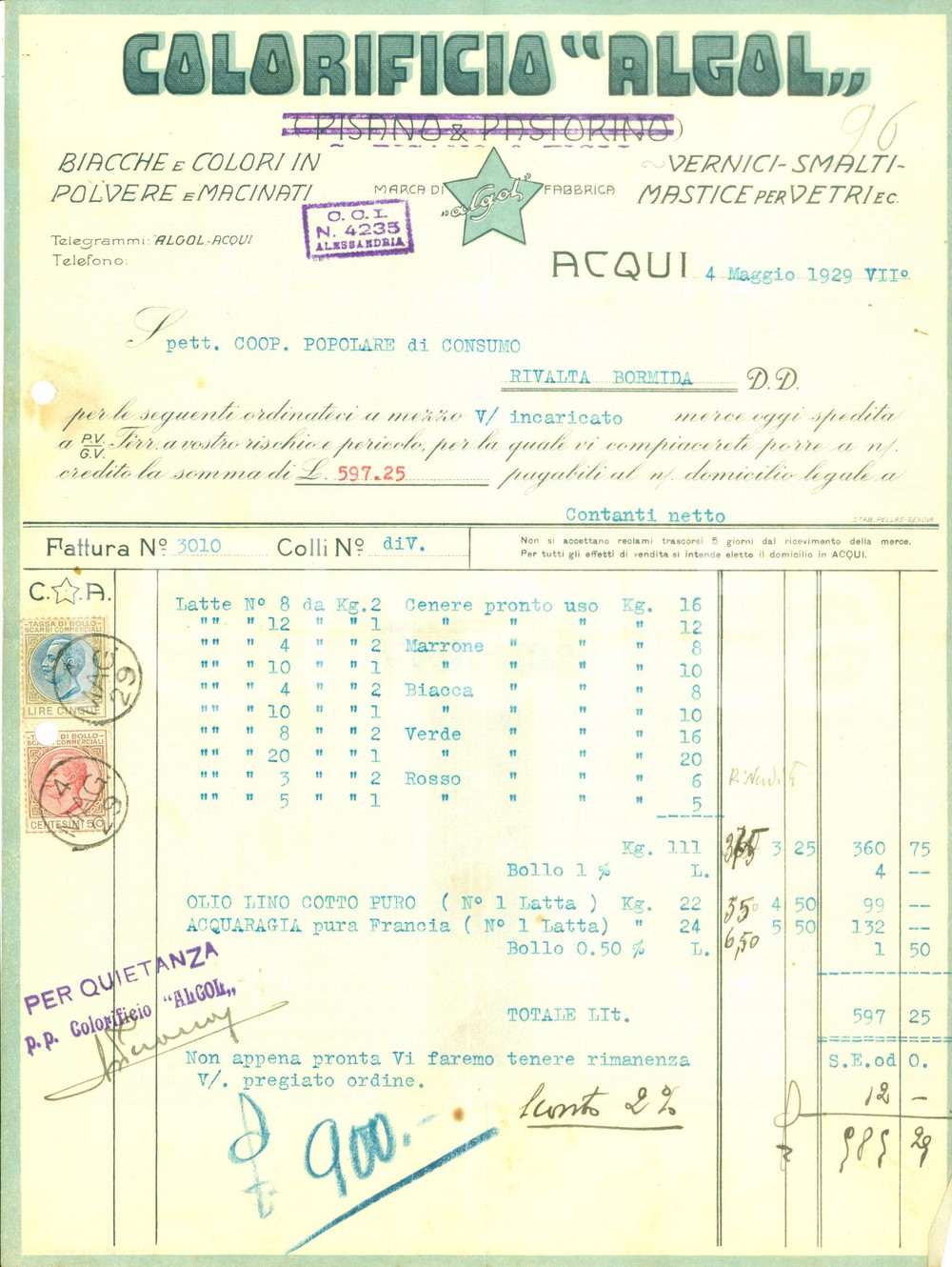 Documento originale, autentico 1929 ACQUI TERME AL Colorificio ALGOL Biacche e colori in polvere Fattura 1