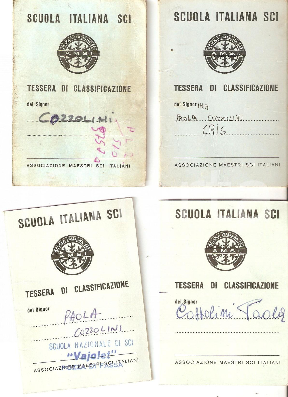 Oggetto da collezione cartaceo 1975 ca AMSI Scuola Italiana Sci LOTTO 4 Tessere di Classificazione 1