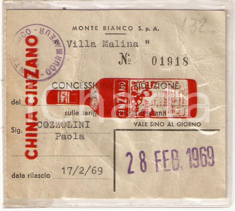 Oggetto da collezione cartaceo 1969 COURMAYEUR AO VILLA MALINA Tessera concessione di riduzione CHINA CINZANO 1