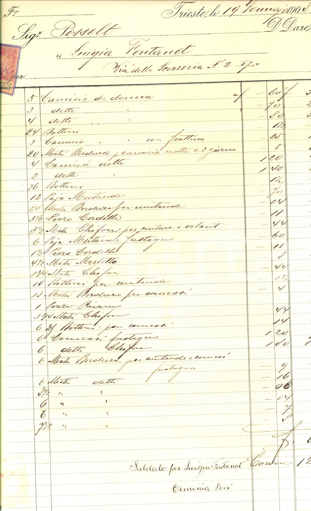 Documento originale, autentico 1908 TRIESTE Conto della biancheria fornita da Luigia FONTANOT Manoscritto 1