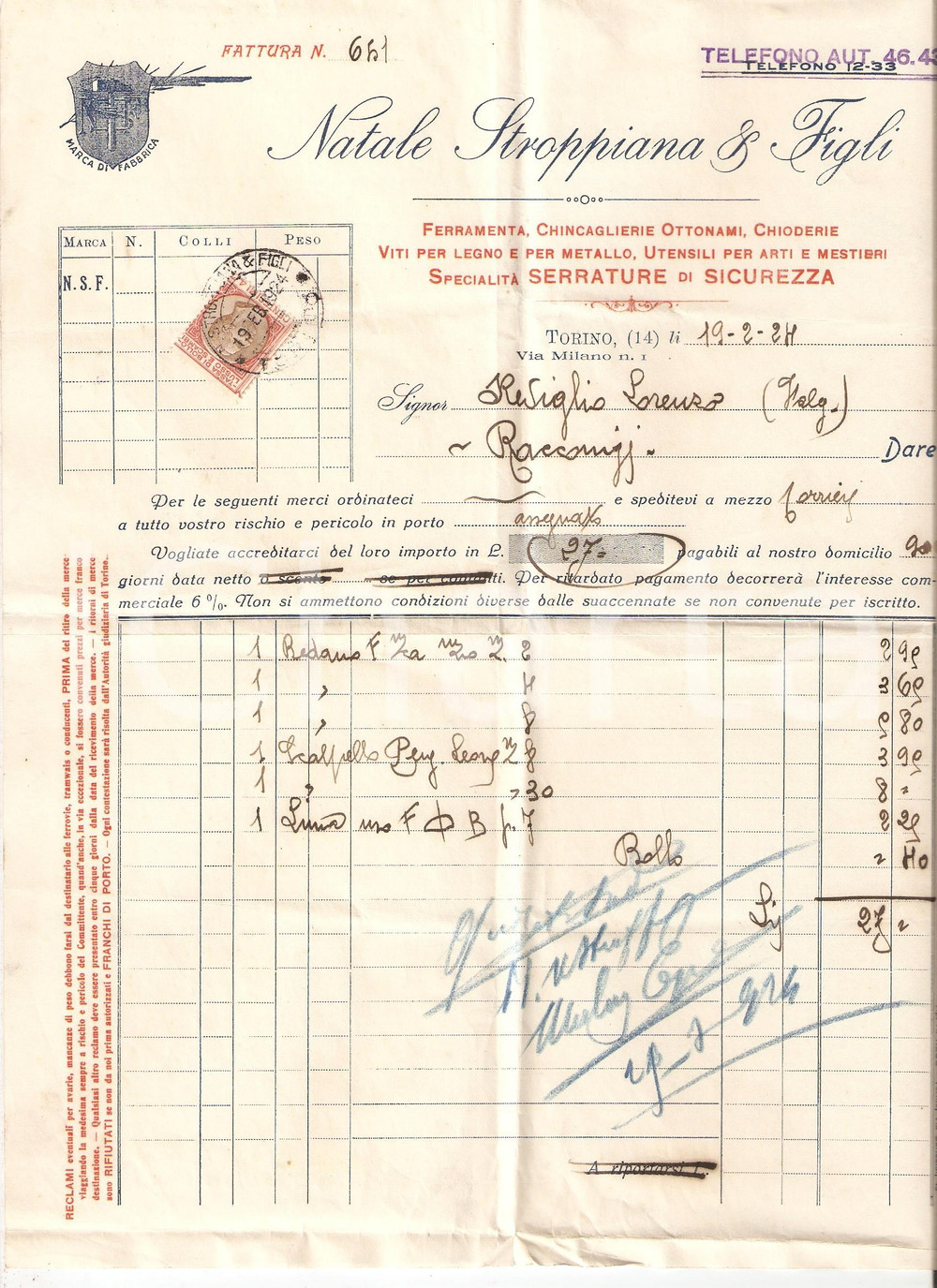 Documento originale, autentico 1924 TORINO Natale STROPPIANA & FIGLI Serrature di sicurezza Fattura commerciale 1