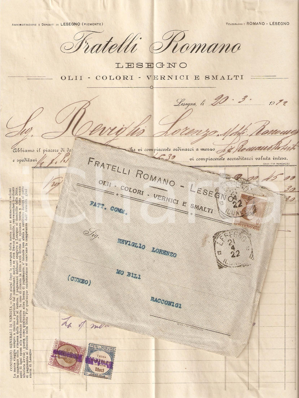 Oggetto da collezione cartaceo 1922 LESEGNO CN Fratelli ROMANO Olii Colori Vernici e smalti Fattura con busta 1