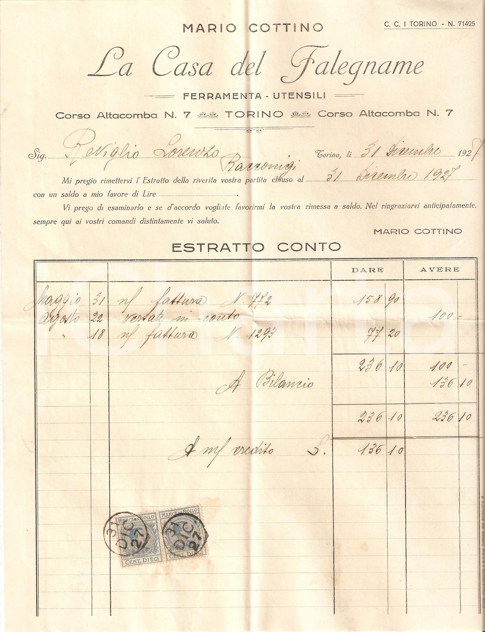 Oggetto da collezione cartaceo 1927 TORINO Casa del falegname di Mario COTTINO Ferramenta Fattura con busta 1