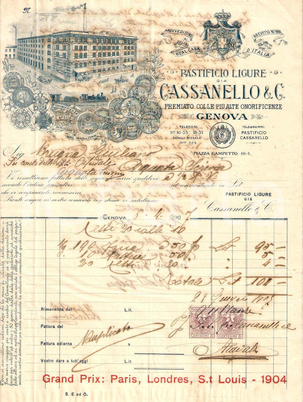 Documento originale, autentico 1907 GENOVA Pastificio ligure giÃ  CASSANELLO & C. Fattura intestata 1