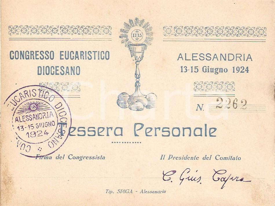 Oggetto da collezione cartaceo 1924 ALESSANDRIA Congresso Eucaristico Diocesano Tessera personale 1