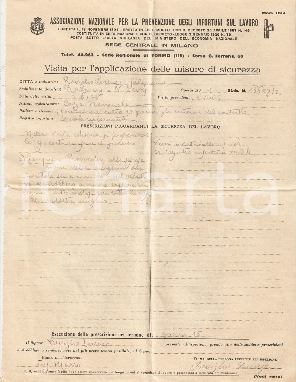 Oggetto da collezione cartaceo 1928 MELEGNANO Ass. Prevenzione infortuni lavoro visita FALEGNAMERIA REVIGLIO 1