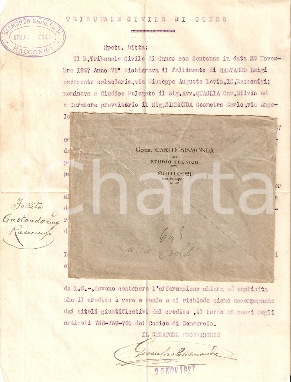 Oggetto da collezione cartaceo 1927 RACCONIGI CN Geometra Carlo SISMONDA convocazione per fallimento GASTAUDO 1