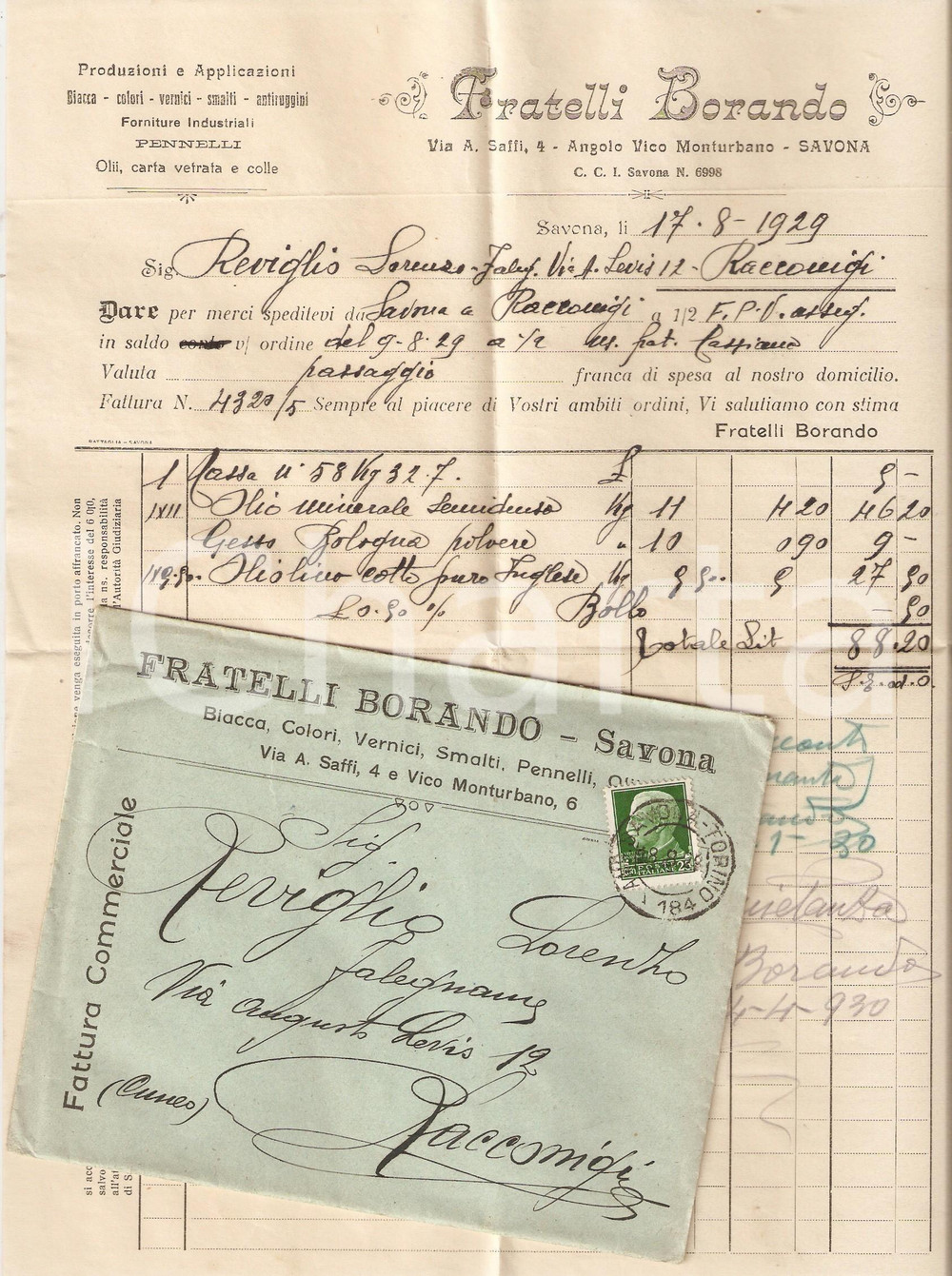 Oggetto da collezione cartaceo 1929 SAVONA Fratelli BORANDO Fabbrica di biacca e vernici Fattura con busta 1