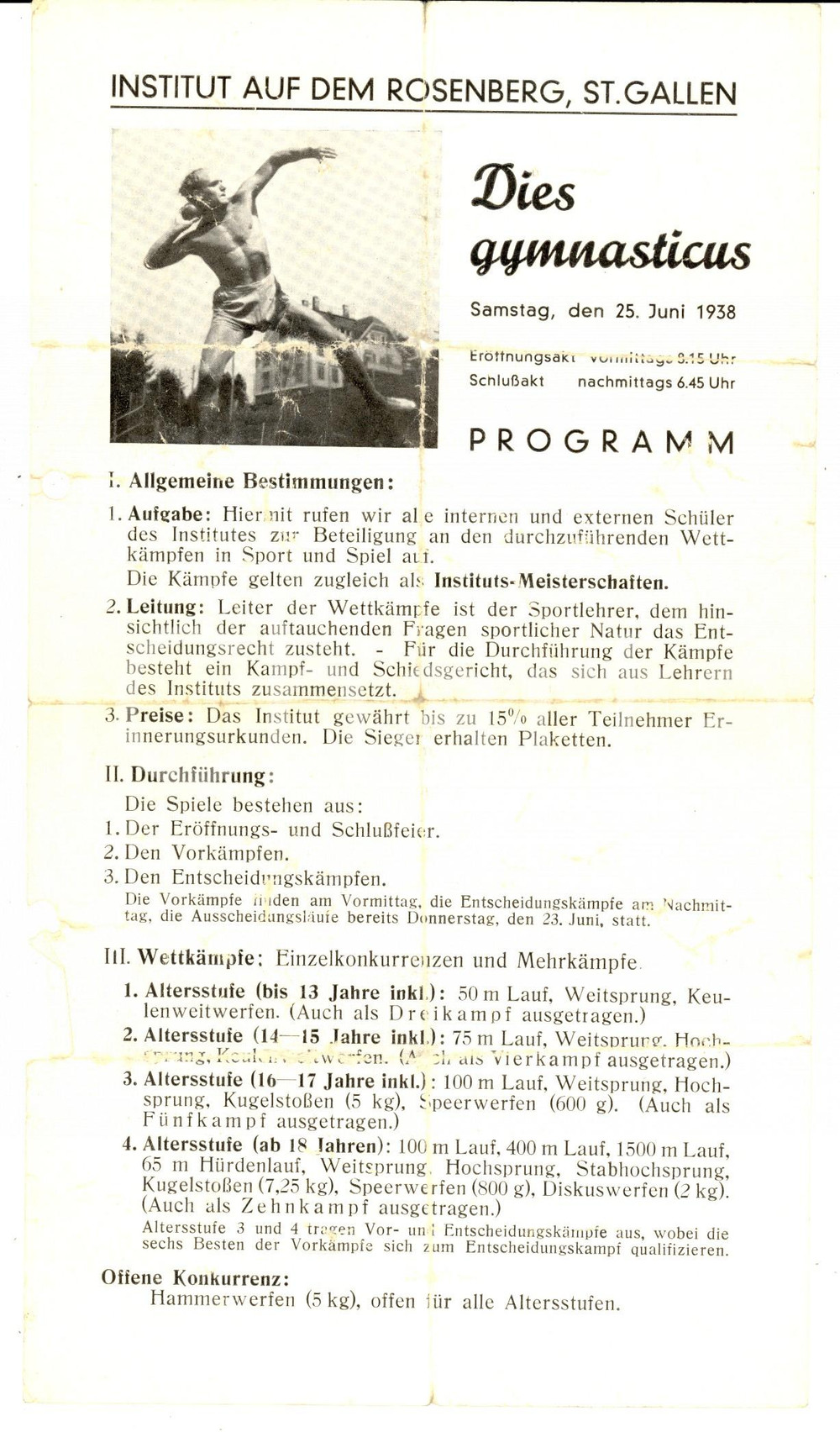 Documento originale, autentico 1938 ST. GALLEN Institut ROSENBERG  Programm Dies gymnasticus DANNEGGIATO 1