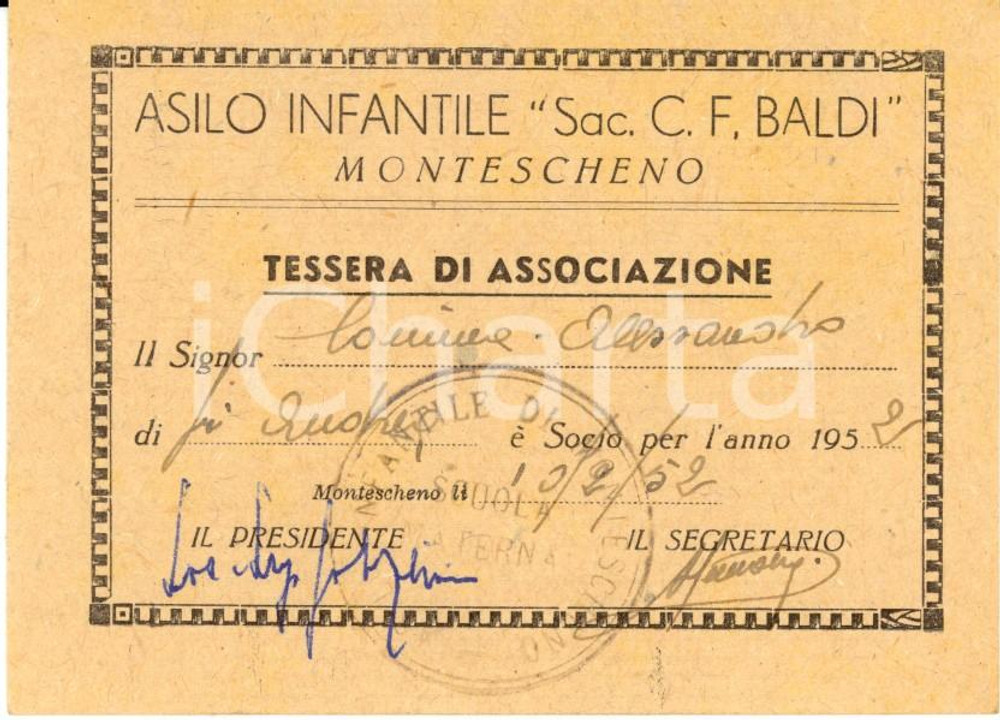Oggetto da collezione cartaceo 1952 MONTESCHENO VB Asilo infantile C. F. BALDI Tessera di associazione 1