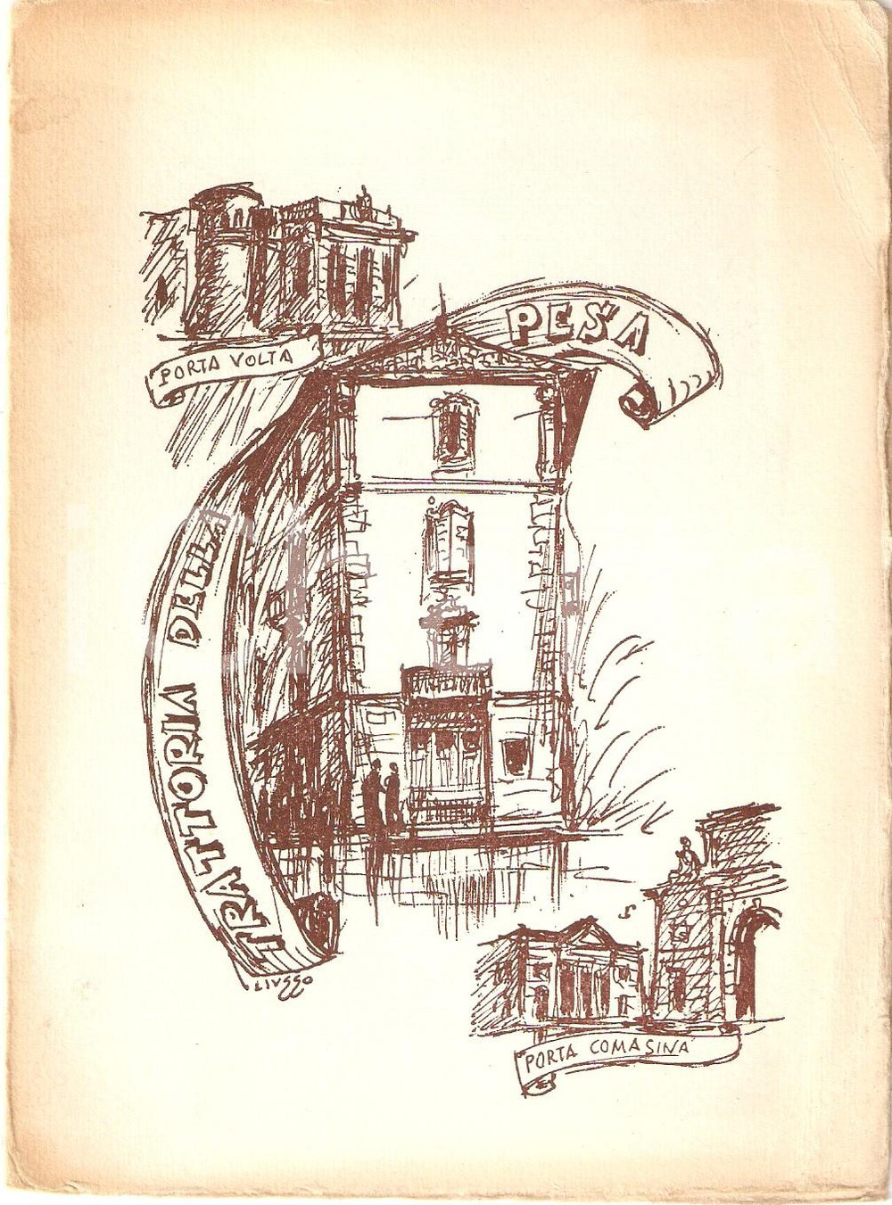 Oggetto da collezione cartaceo 1965 ca MILANO Trattoria della pesa di Ezia CALATTI Biglietto auguri ILLUSTRATO 1
