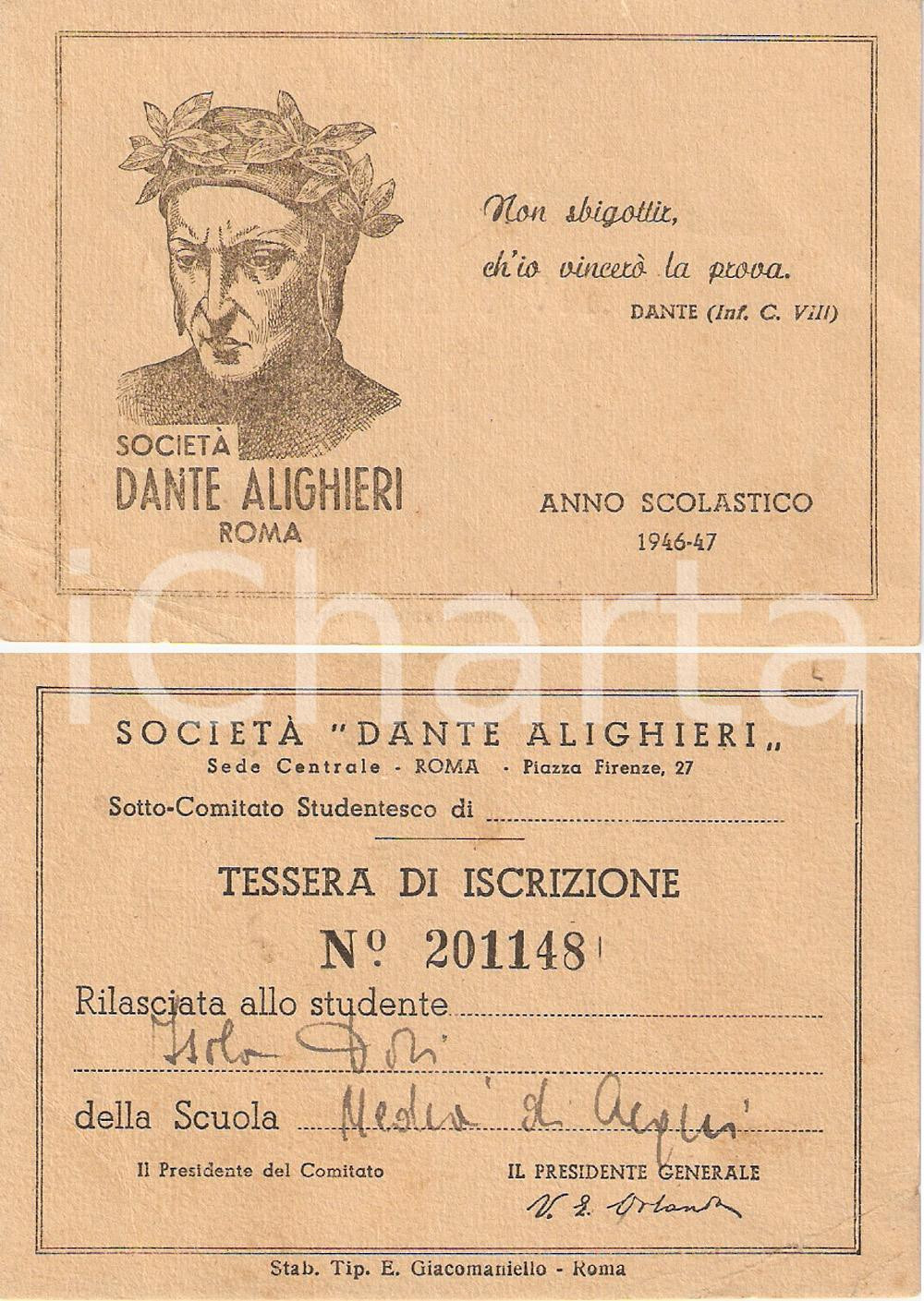 Oggetto da collezione cartaceo 1946 ACQUI TERME AL SocietÃ  DANTE ALIGHIERI Tessera di iscrizione ILLUSTRATA 1