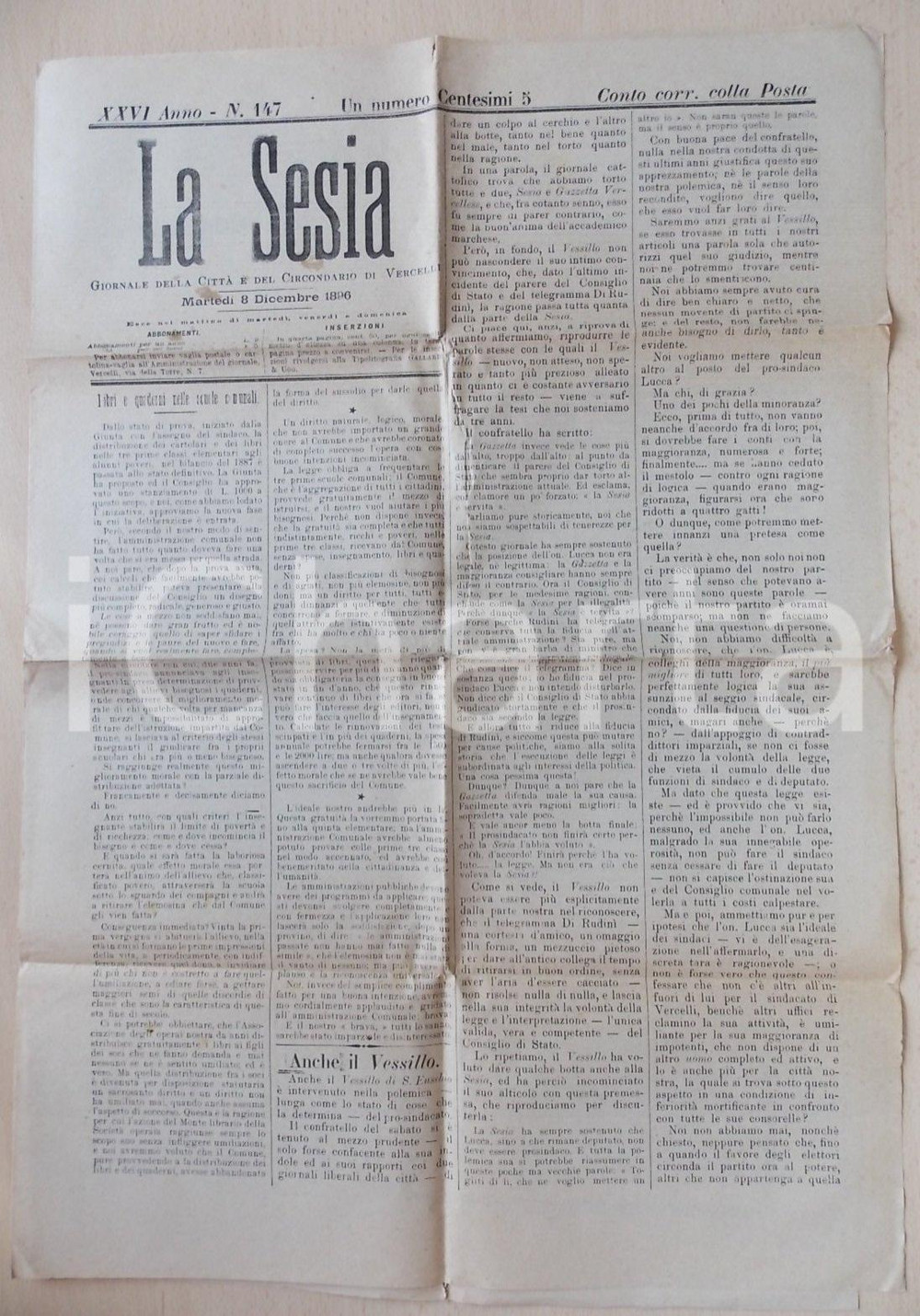 Giornale, rivista storica 1896 LA SESIA Istruzione gratuita é diritto di tutti Giornale 1