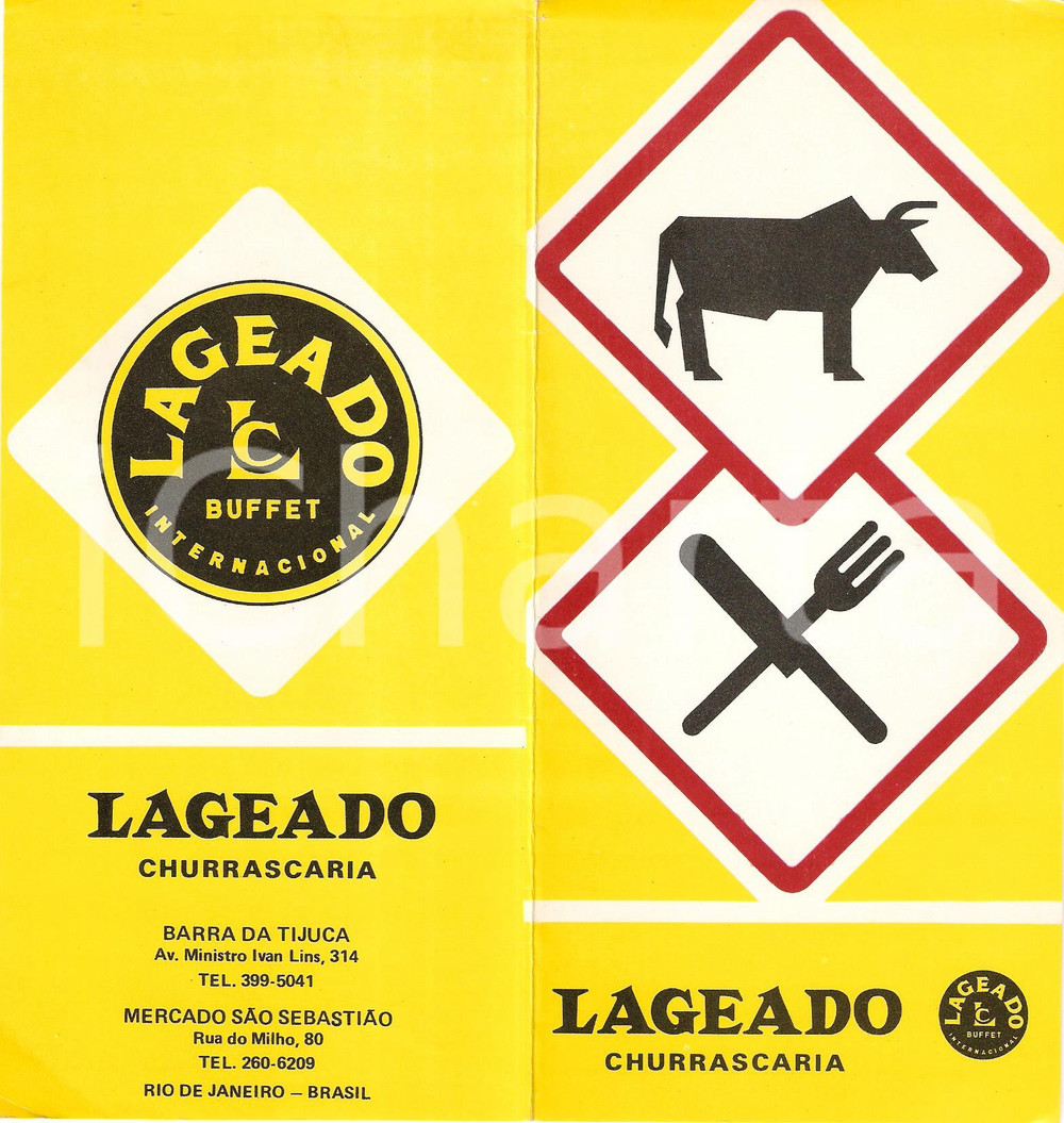 Materiale pubblicitario d’epoca 1975 ca RIO DE JANEIRO BRASIL Churrascaria LAGEADO Pieghevole ILLUSTRATO 1