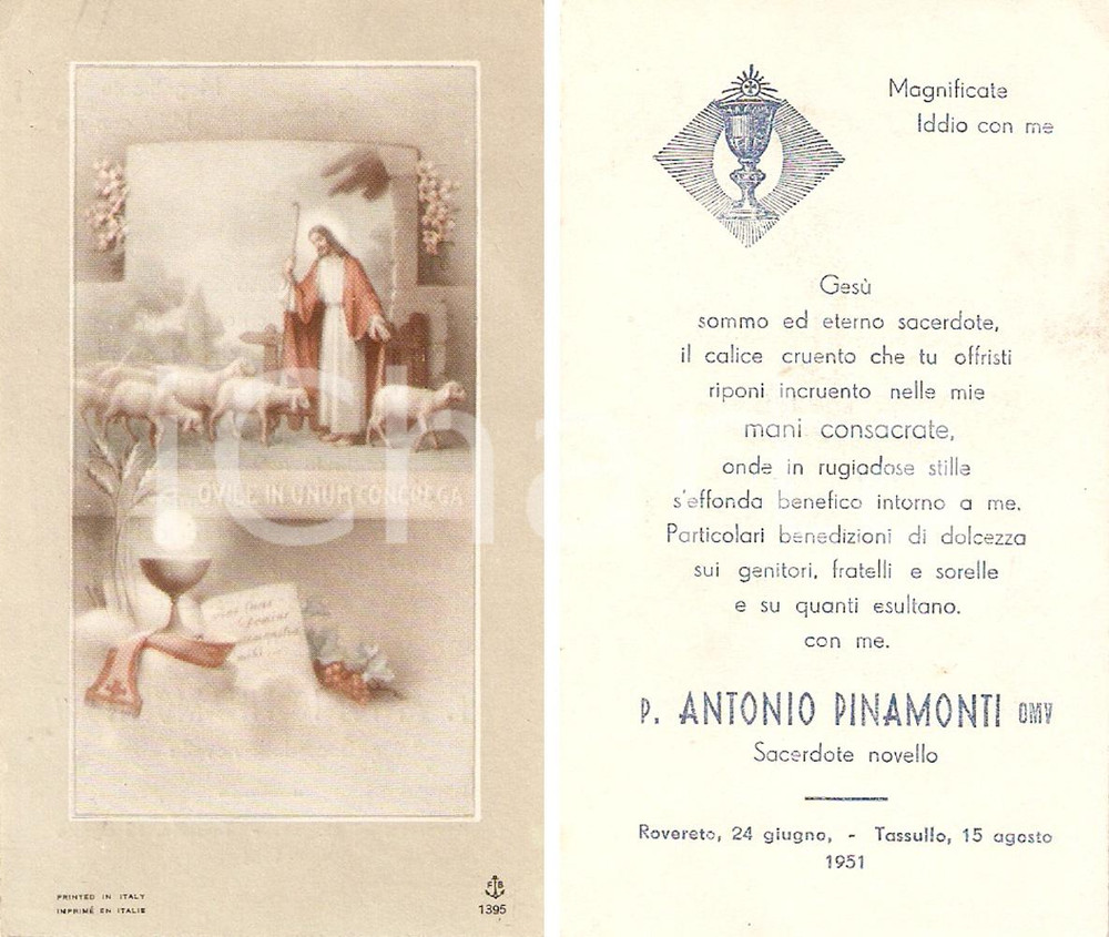 Oggetto da collezione cartaceo 1951 ROVERETO TN Padre Antonio PINAMONTI consacrato sacerdote Santino 1