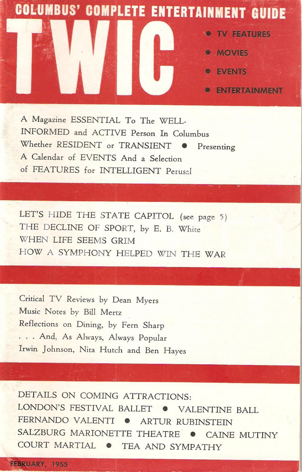 Giornale, rivista storica 1955 COLUMBUS OHIO TWIC metropolitan magazine Entertainment guide Opuscolo 1