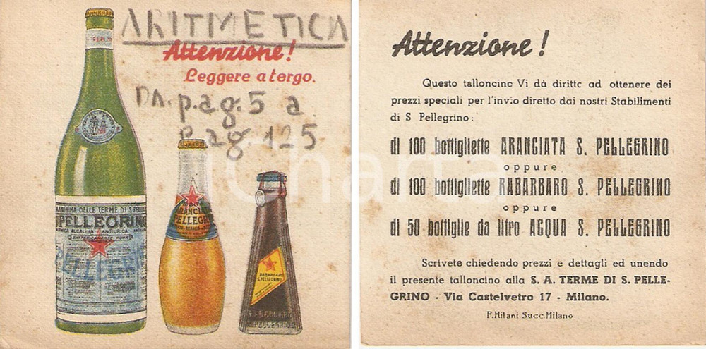Materiale pubblicitario d’epoca 1935 ca MILANO Talloncino Aranciata SAN PELLEGRINO per invio bottigliette cm 6x6 1