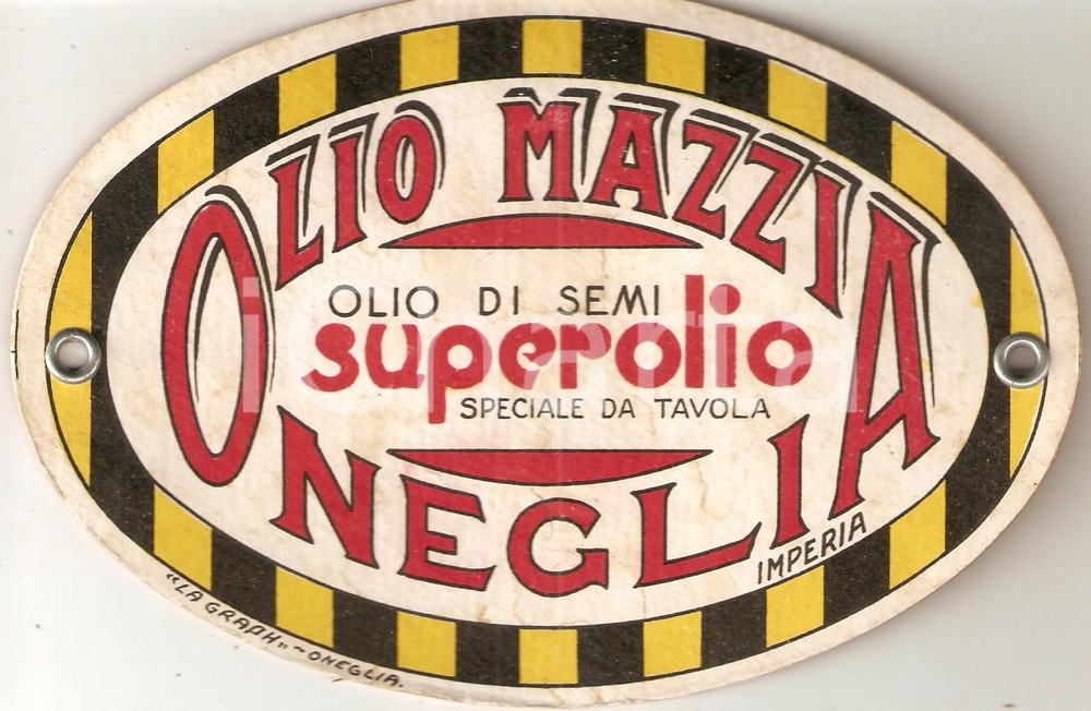 Materiale pubblicitario d’epoca 1930 ca ONEGLIA IM Ditta Ido MAZZIA Olio di semi SUPEROLIO Etichetta 1