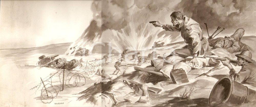 Opera d’arte autentica 1952 MACAS Ernesto SIMINI Medaglia Oro assedio TOBRUK Disegno ORIGINALE A MANO 1