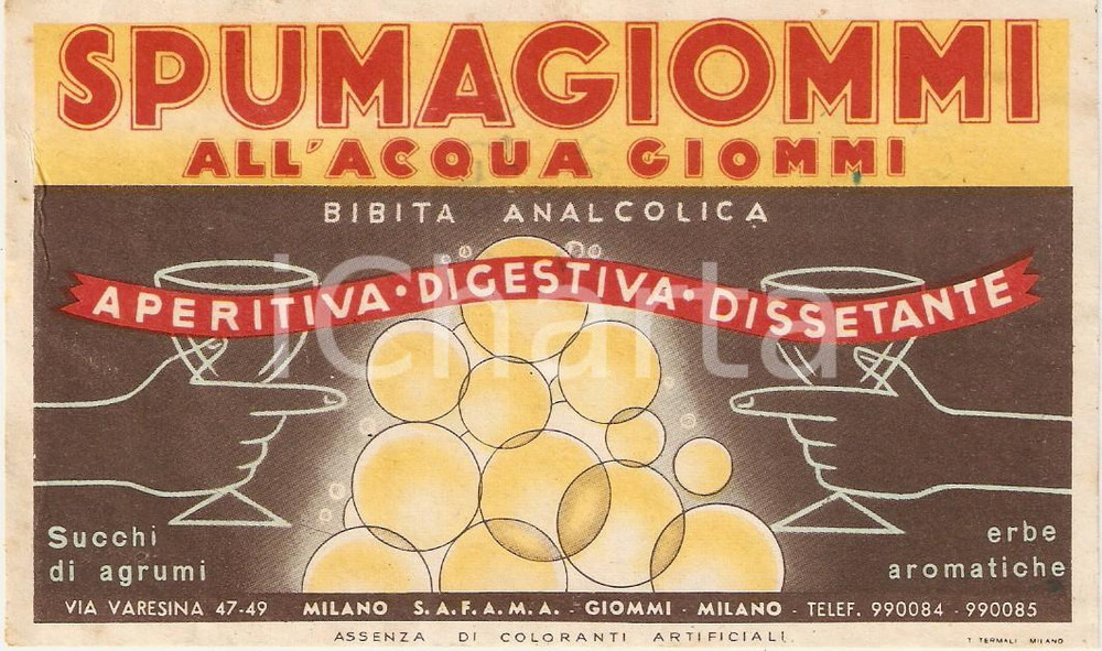 Materiale pubblicitario d’epoca 1953 MILANO Apri l occhio, bevi SPUMA GIOMMI Etichetta ILLUSTRATA 1 1