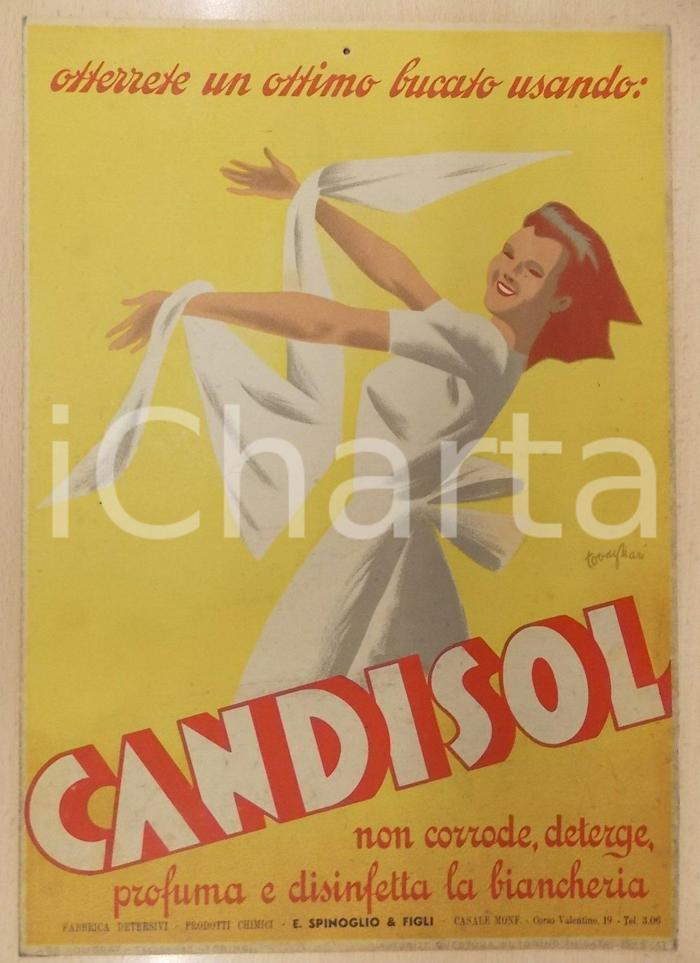 Materiale pubblicitario d’epoca 1947 CASALE MONFERRATO Detersivi SPINOGLIO  CANDISOL Ill. Albino TOVAGLIARI 1