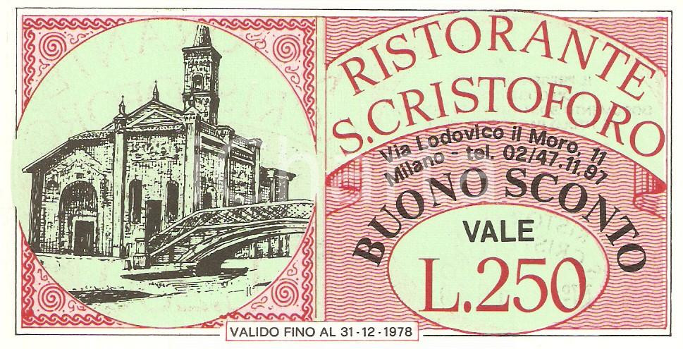 Oggetto da collezione cartaceo 1978 MILANO Ristorante SAN CRISTOFORO Buono sconto 250 lire ILLUSTRATO 1