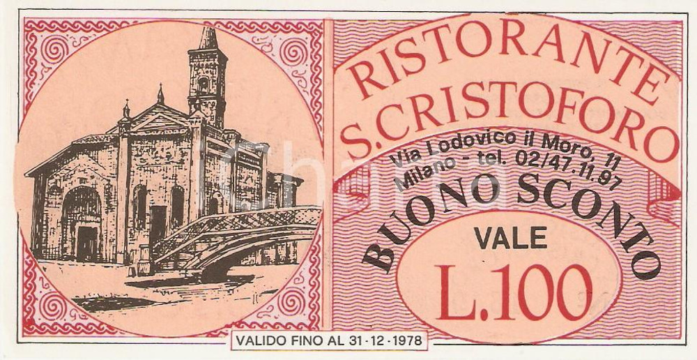 Oggetto da collezione cartaceo 1978 MILANO Ristorante SAN CRISTOFORO Buono sconto 100 lire ILLUSTRATO 1