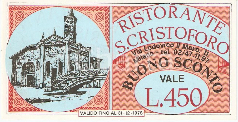 Oggetto da collezione cartaceo 1978 MILANO Ristorante SAN CRISTOFORO Buono sconto 450 lire ILLUSTRATO 1