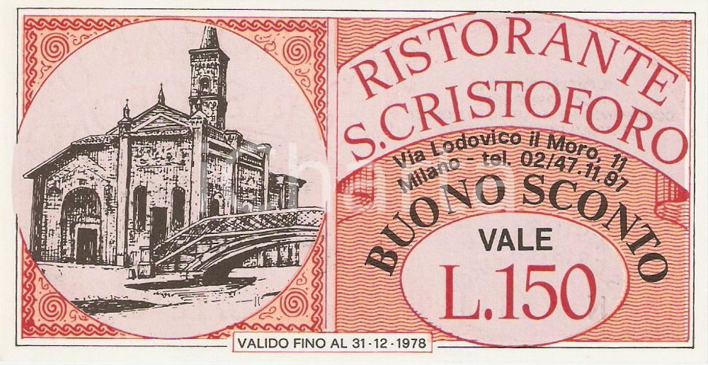 Oggetto da collezione cartaceo 1978 MILANO Ristorante SAN CRISTOFORO Buono sconto 150 lire ILLUSTRATO 1