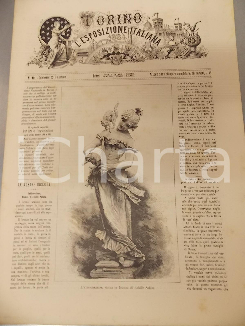 Giornale, rivista storica 1884 TORINO E L ESPOSIZIONE ITALIANA n° 40 Mostra Scuola femminile Roma Rivista 1