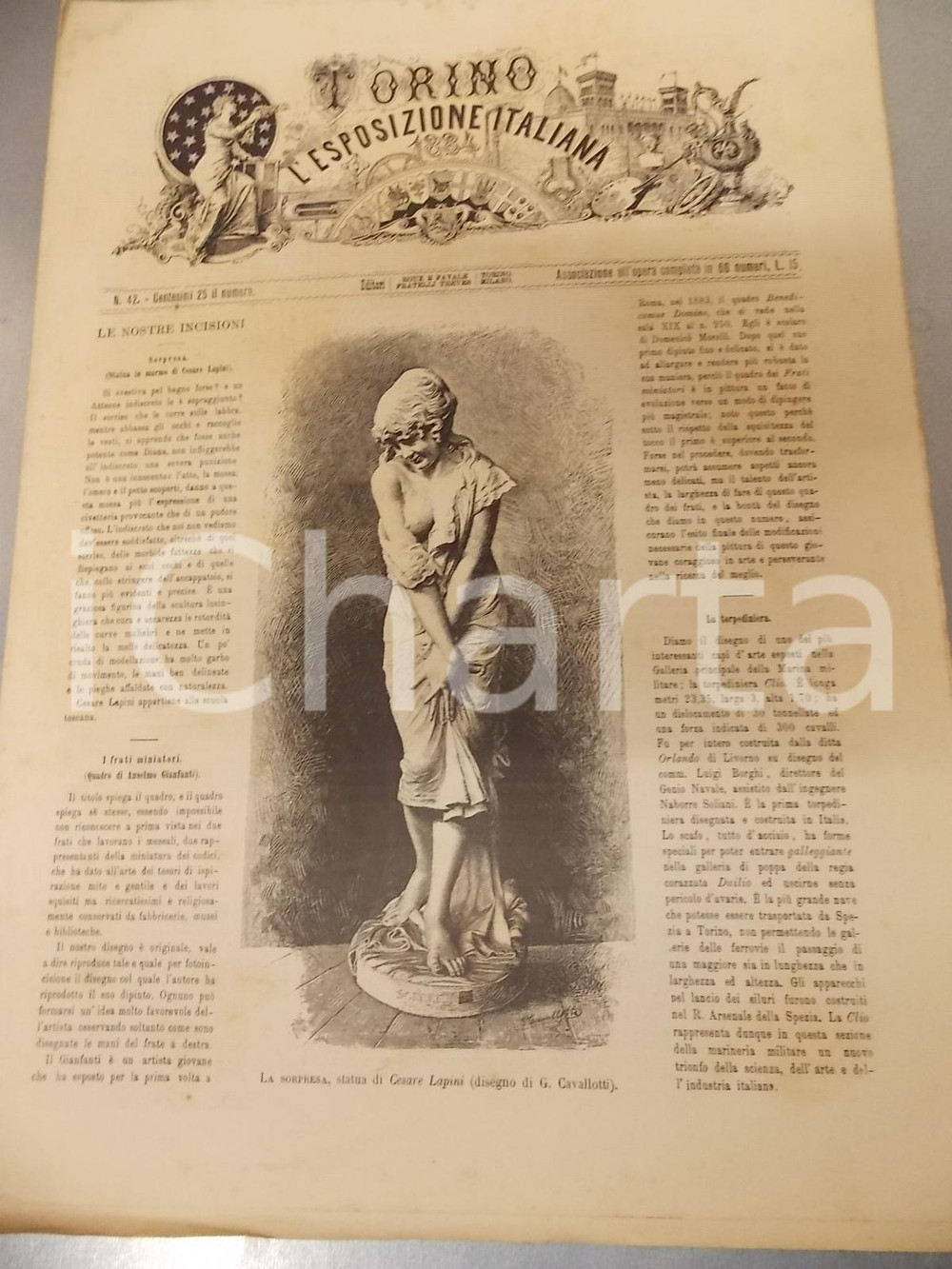 Giornale, rivista storica 1884 TORINO E L ESPOSIZIONE ITALIANA n° 42 La Sorpresa di Cesare LAPINI Rivista 1
