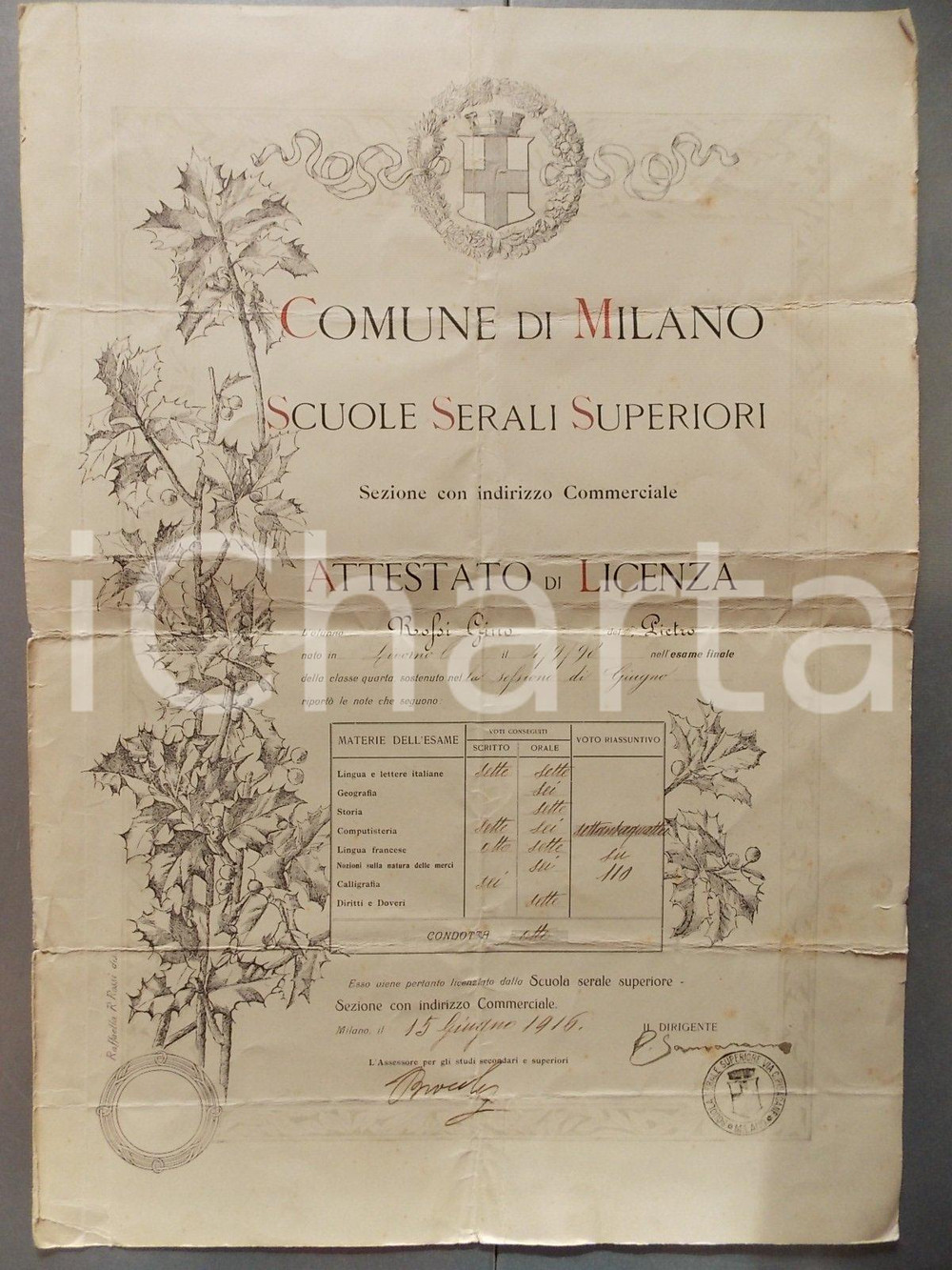 Oggetto da collezione cartaceo 1916 MILANO Scuole Serali Superiori Commerciali Attestato licenza Gino ROSSI 1