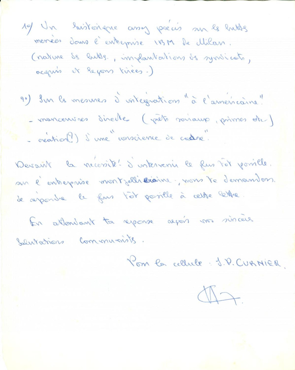 Autografo originale 1970 MONTPELLIER F JeanPaul CURNIER sulle lotte all IBM di MILANO AUTOGRAFO 1