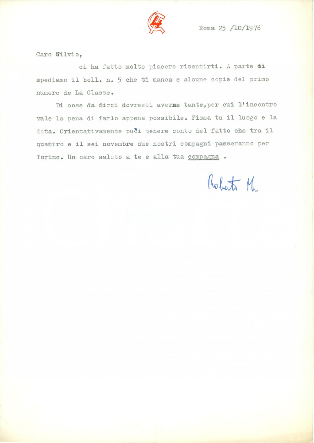 Autografo originale 1976 ROMA Quarta Internazionale Roberto MASSARI a Silvio PAOLICCHI Autografo 1