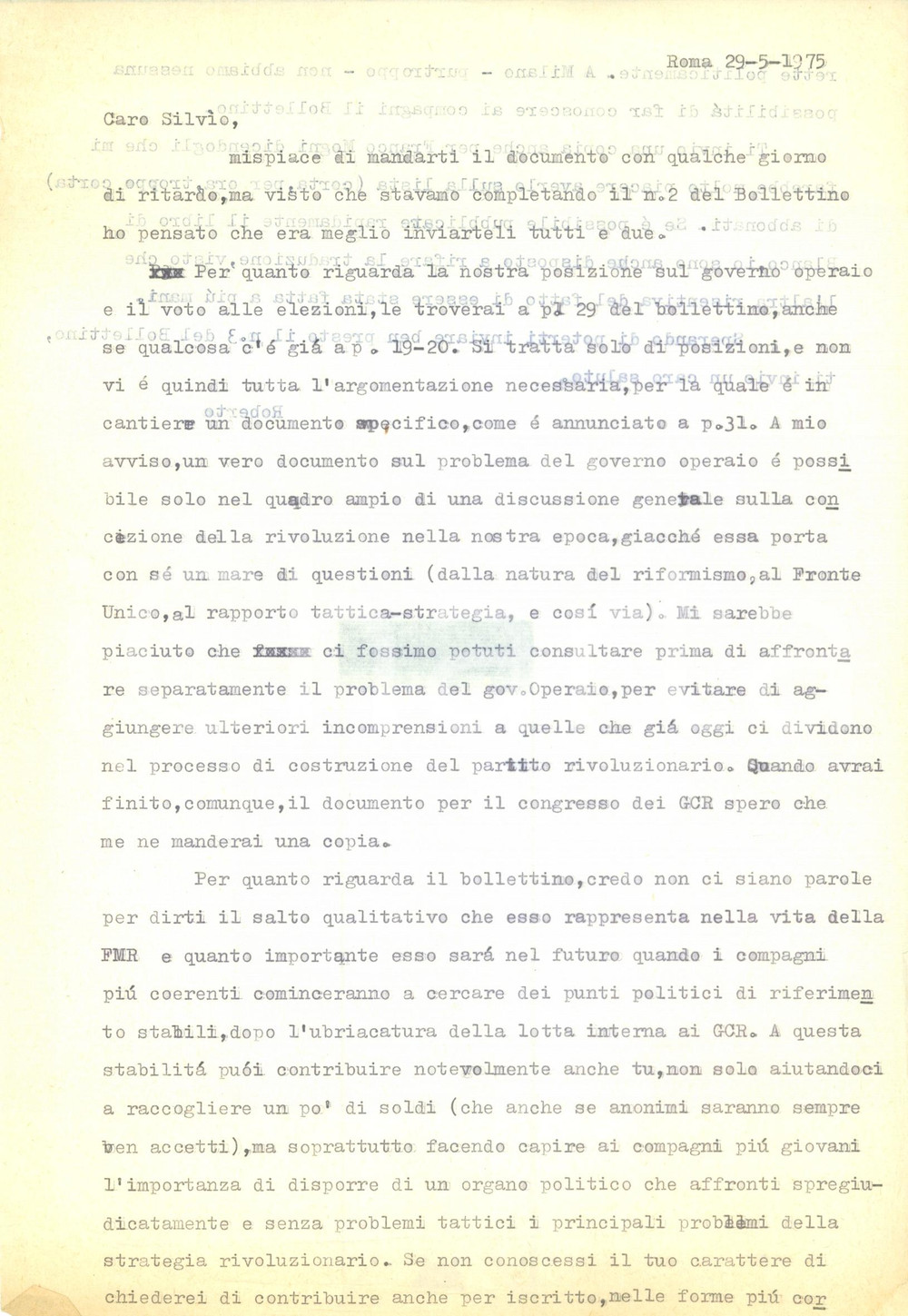 Autografo originale 1975 ROMA Roberto MASSARI su problema governo operaio Lettera 1