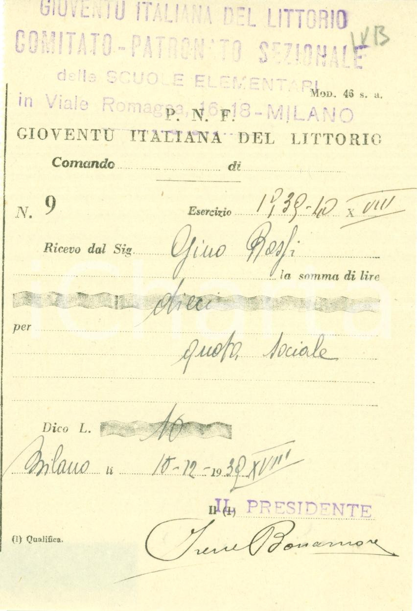 Documento originale, autentico 1939 MILANO GIL SCUOLE ELEMENTARI Gino ROSSI paga quota sociale Documento 1