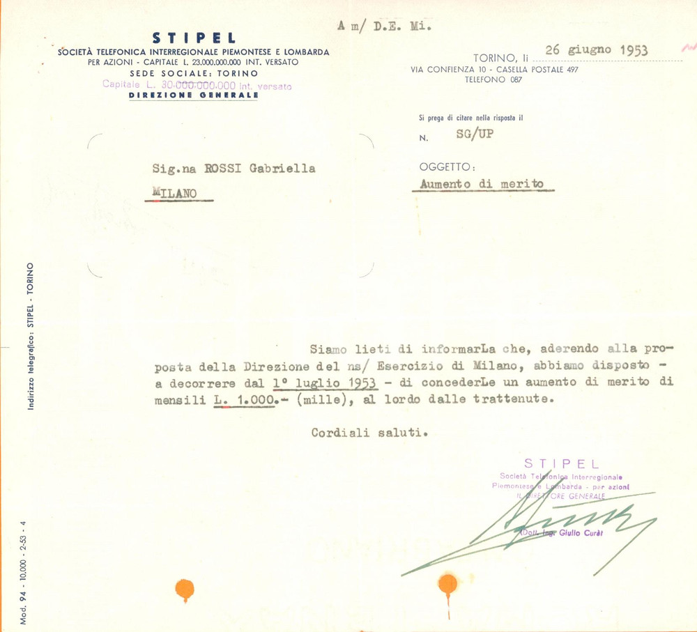 Manoscritto, lettera originale 1953 MILANO S.T.I.P.E.L. Gabriella ROSSI merita aumento di stipendio Documento 1