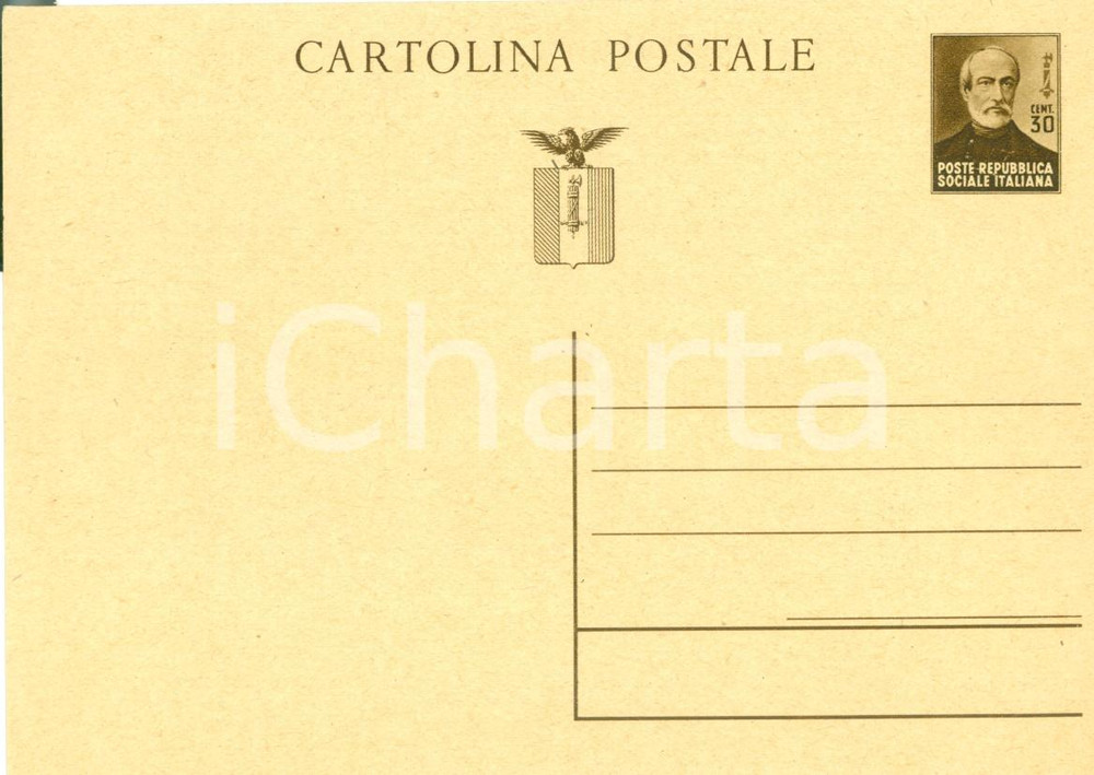 Cartolina originale da collezione 1944 RSI Cartolina intero postale REPUBBLICA SOCIALE Cent. 30 MAZZINI FG NV 1