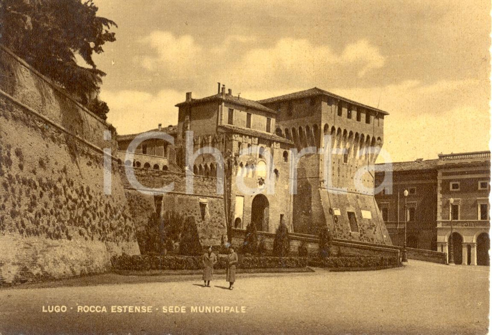 Cartolina originale da collezione 1950 LUGO RA Veduta della ROCCA ESTENSE  Municipio Cartolina animata FG VG 1