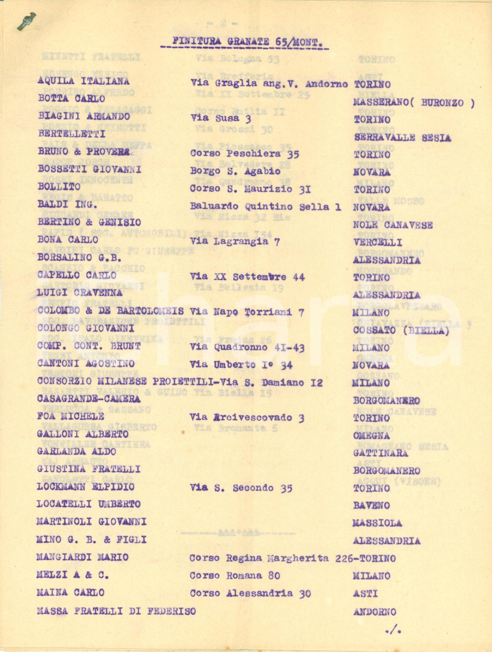Documento originale, autentico 1918 TORINO WWI SocietÃ  Fabbricazione Proiettili Officine per granate 65/Mont. 1