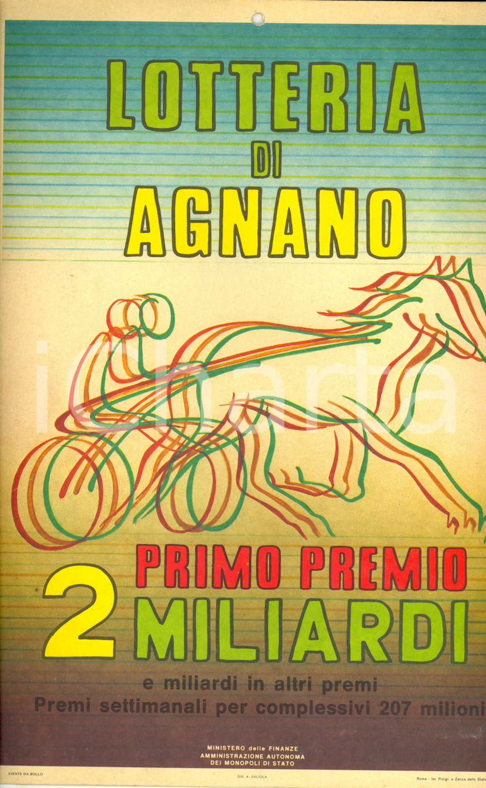 Materiale pubblicitario d’epoca 1970 ca NAPOLI Lotteria di AGNANO Locandina illustrata Antonio SALIOLA Ippica 2 1