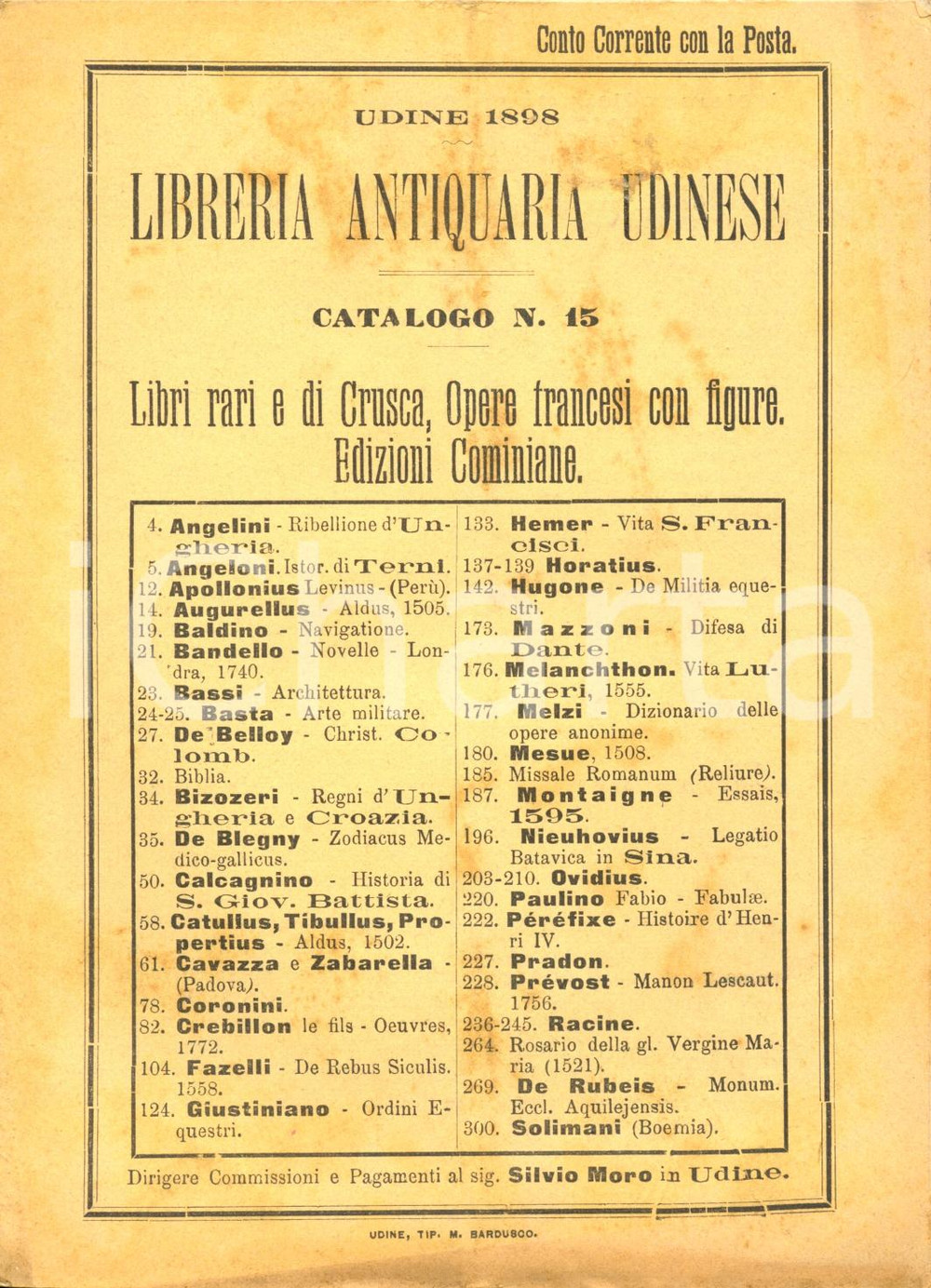 Libro, pubblicazione d epoca 1898 UDINE Libreria ANTIQUARIA UDINESE Catalogo libri rari e di Crusca nÂ°15 1
