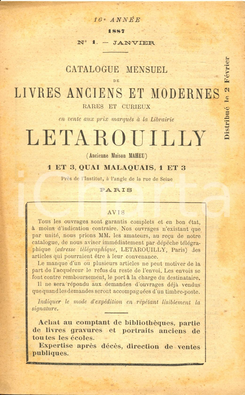 Oggetto da collezione cartaceo 1887 PARIS Librairie LETAROUILLY  Catalogue mensuel livres anciens modernes NÂ°1 1