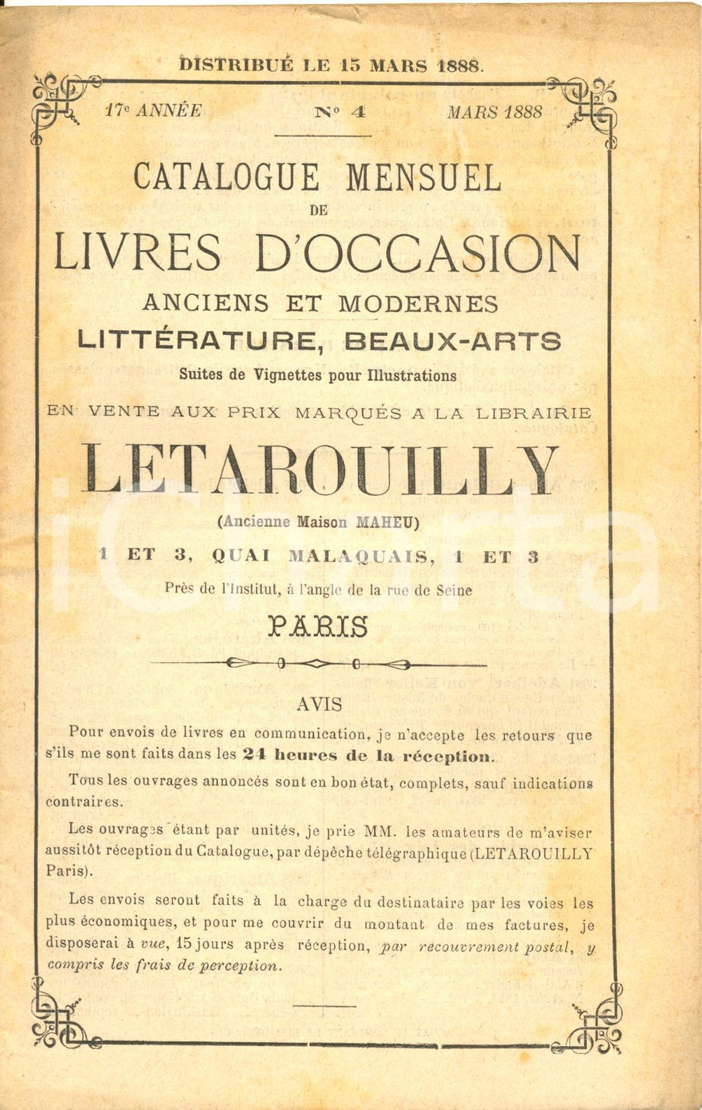 Oggetto da collezione cartaceo 1888 PARIS Librairie LETAROUILLY Catalogue mensuel livres d occasion  NÂ° 4 1