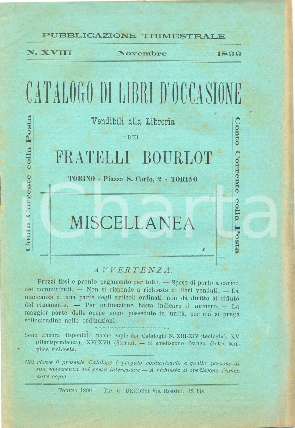 Libro, pubblicazione d epoca 1899 TORINO Catalogo della libreria dei FRATELLI BOURLOT nÂ° XVIII MISCELLANEA 1