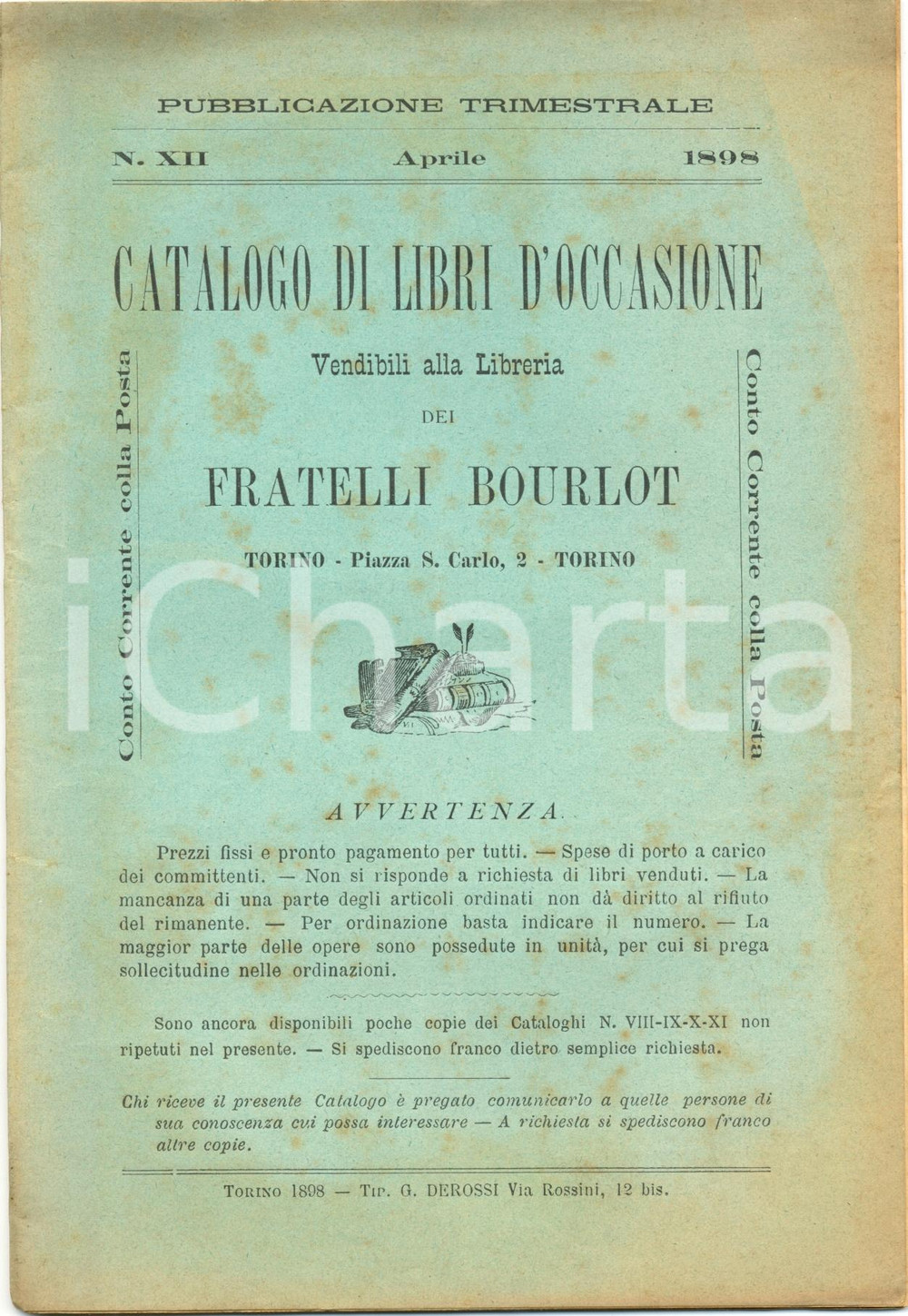 Libro, pubblicazione d epoca 1898 TORINO Catalogo della libreria FRATELLI BOURLOT nÂ° XII Ordinato per AUTORI 1