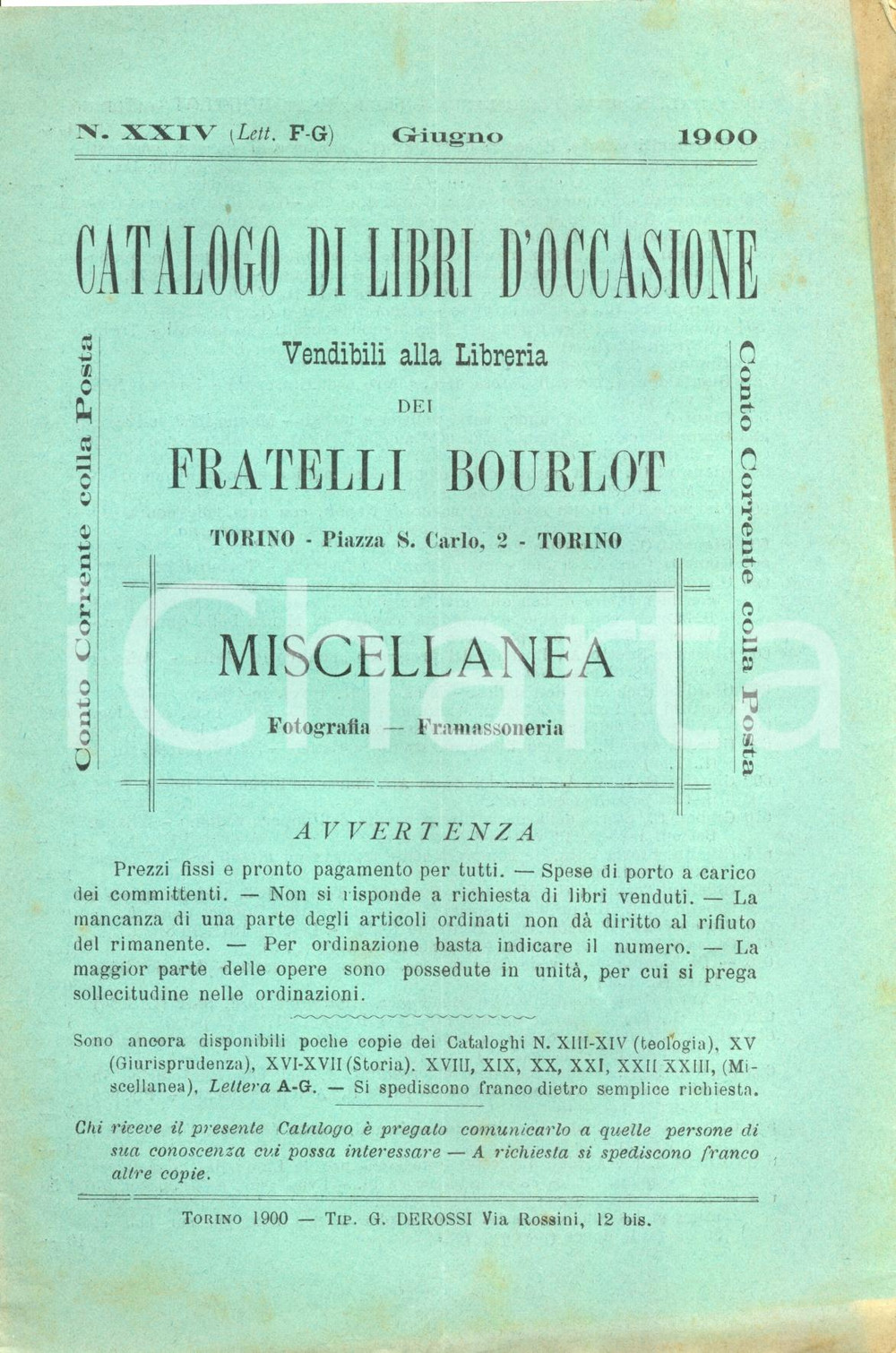 Libro, pubblicazione d epoca 1900 Giugno TORINO Libreria FRATELLI BOURLOT nÂ° XXIV Libri d occasione 1